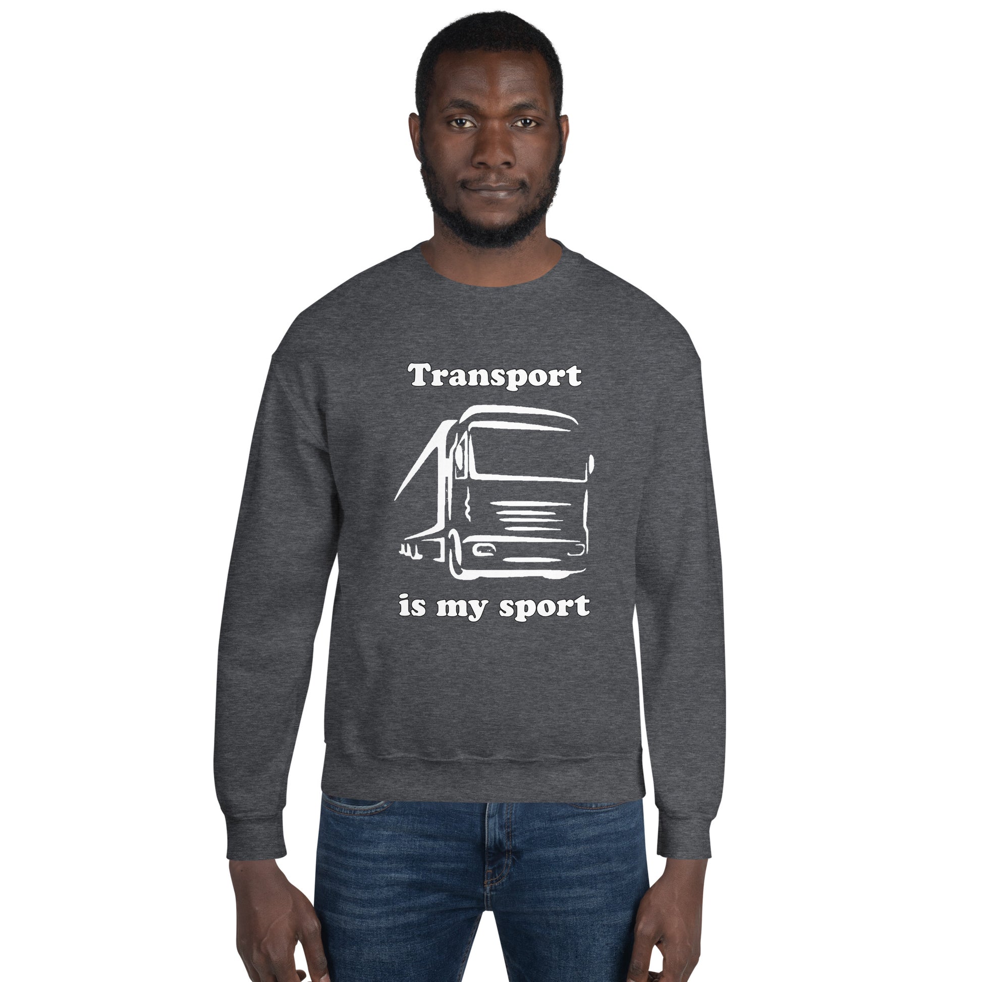 Man with grey sweatshirt with picture of truck and text "Transport is my sport"
