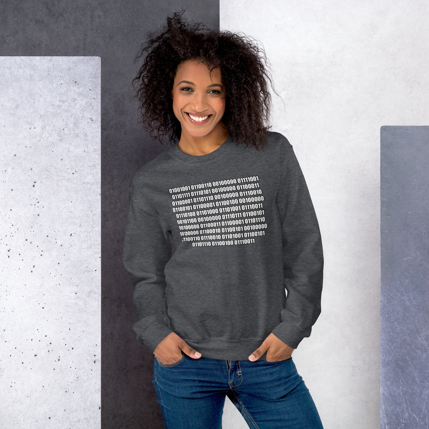Women with dark heather sweatshirt with binaire text "If you can read this"