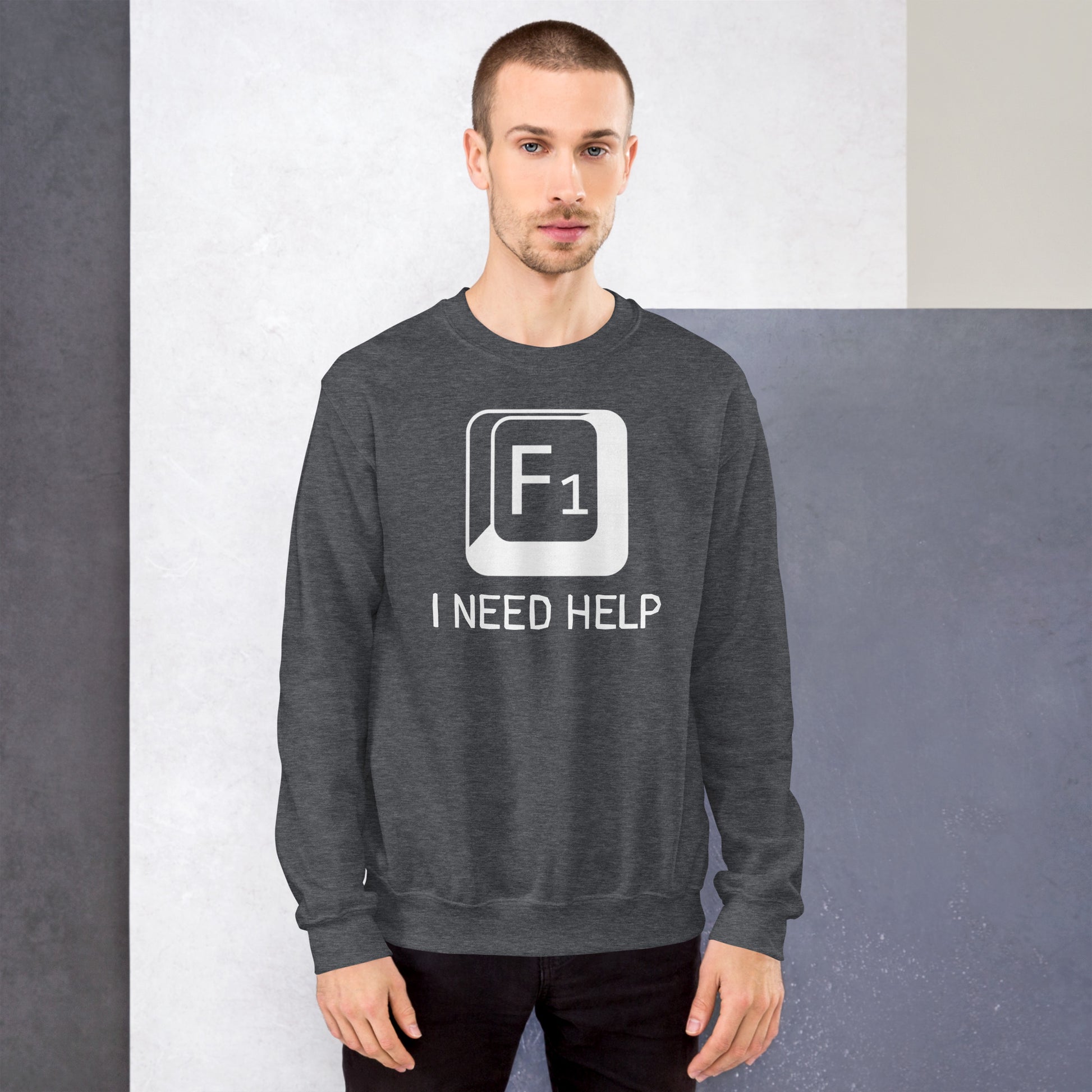 Men with dark heather sweatshirt and a picture of F1 key with text "I need help"