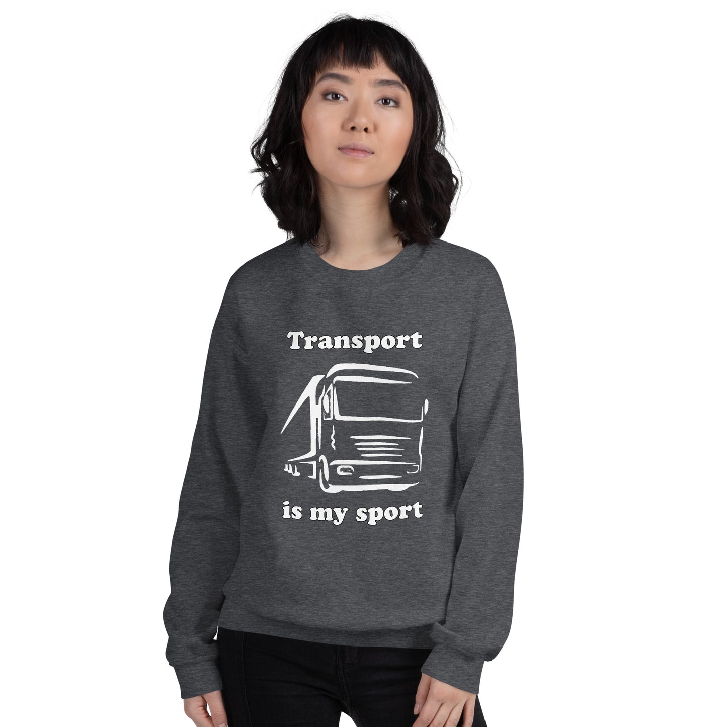 Woman with grey sweatshirt with picture of truck and text "Transport is my sport"