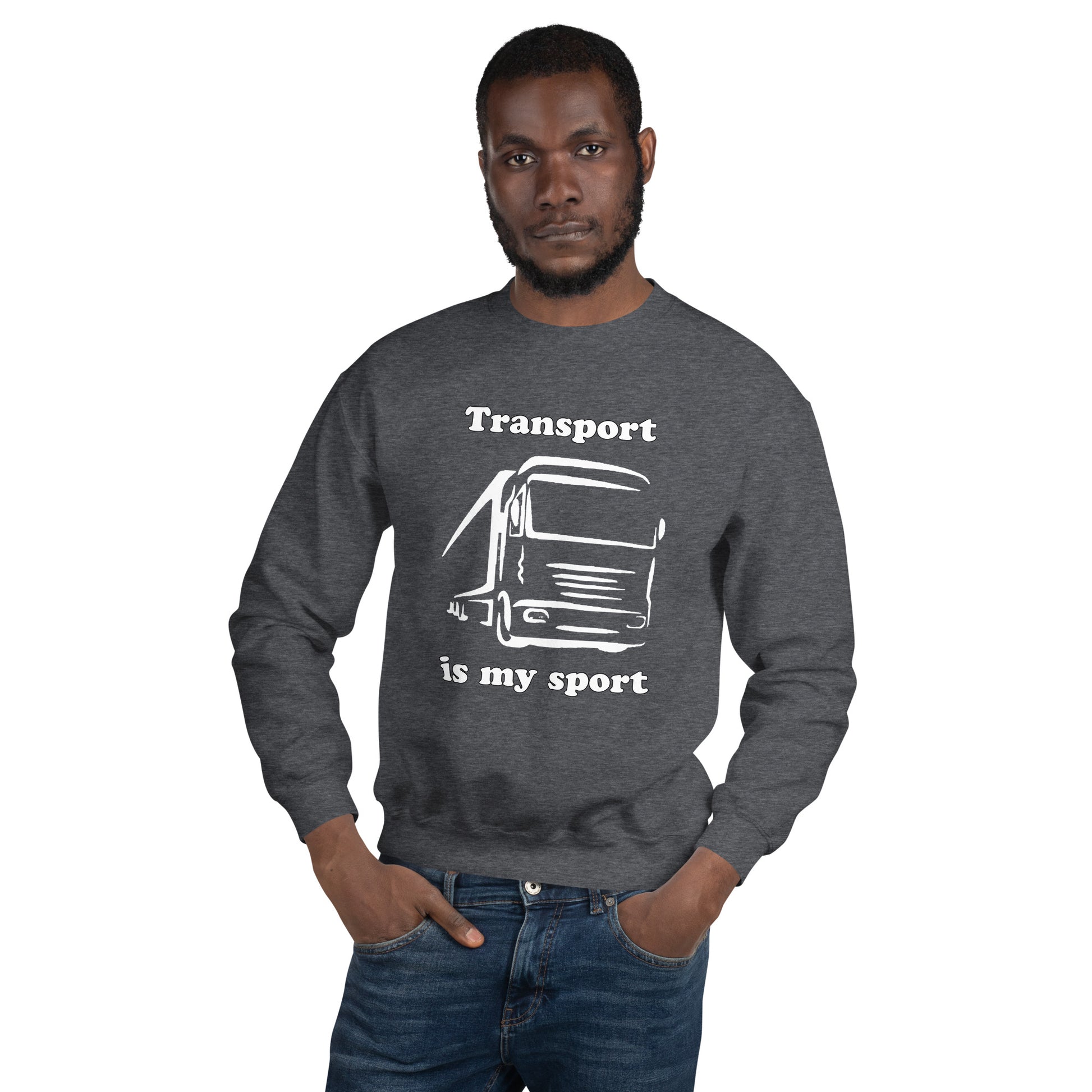 Man with grey sweatshirt with picture of truck and text "Transport is my sport"