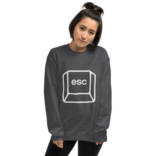 Woman with grey sweatshirt with picture of esc key