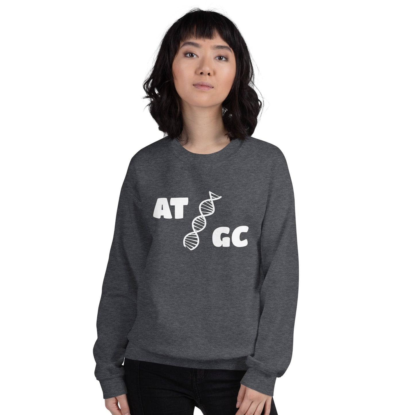 Women with dark grey sweatshirt with image of a DNA string and the text "ATGC"