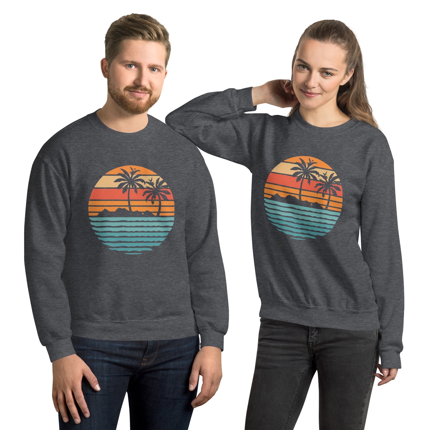 Men and women with dark grey sweatshirt and a print of retro island