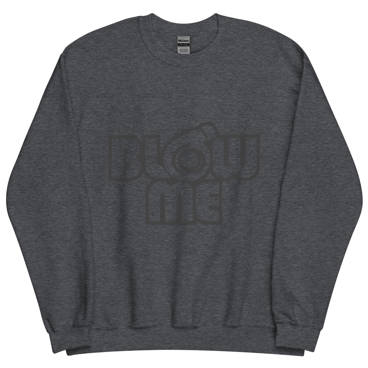 Dark heater grey sweatshirt for men and women with the text Blow me, turbo compressor