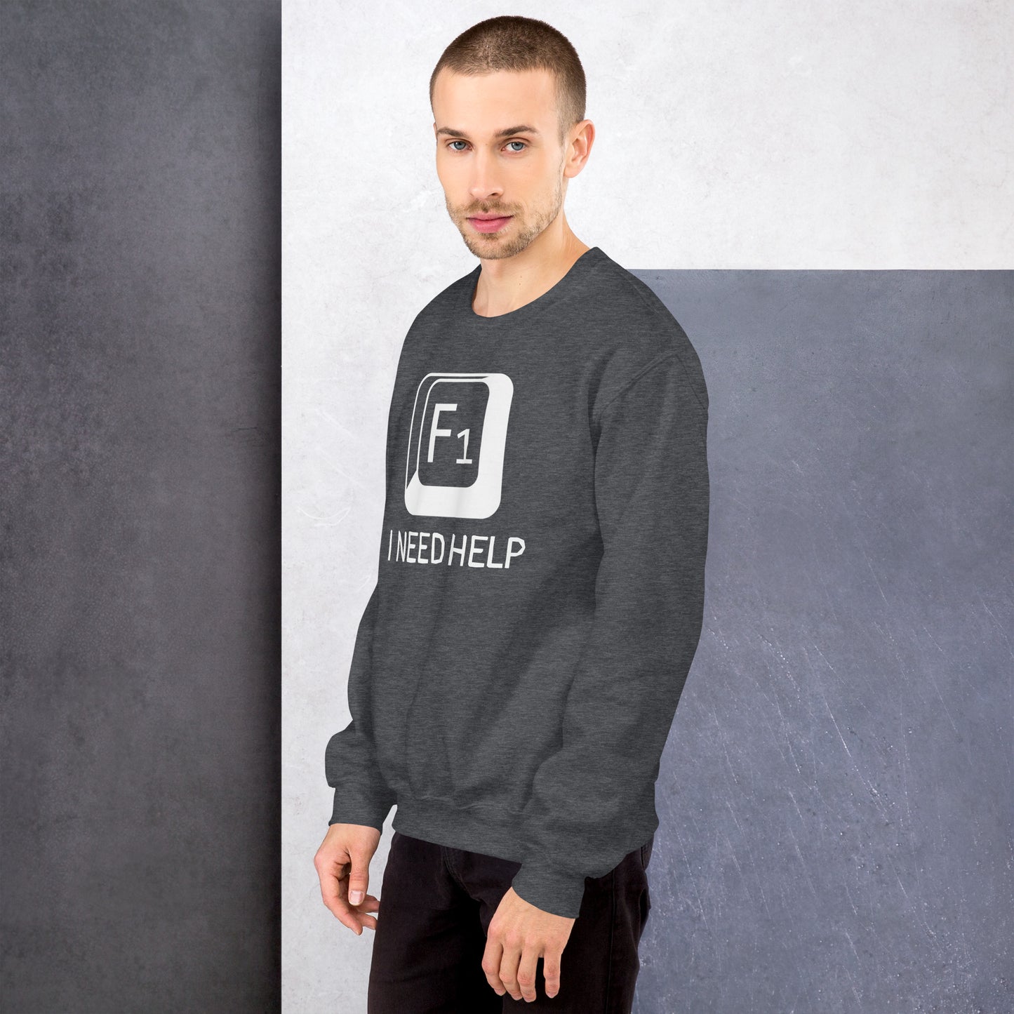 Men with dark heather sweatshirt and a picture of F1 key with text "I need help"