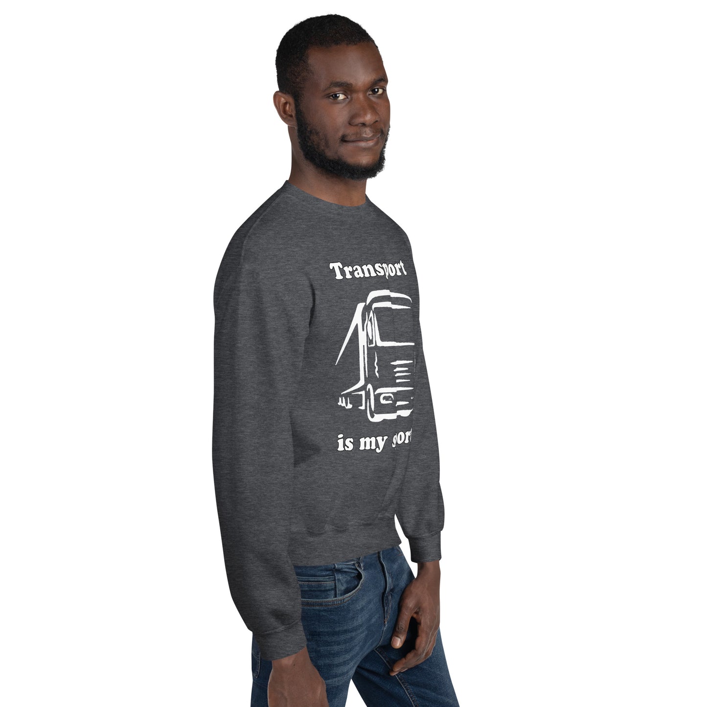 Man with grey sweatshirt with picture of truck and text "Transport is my sport"