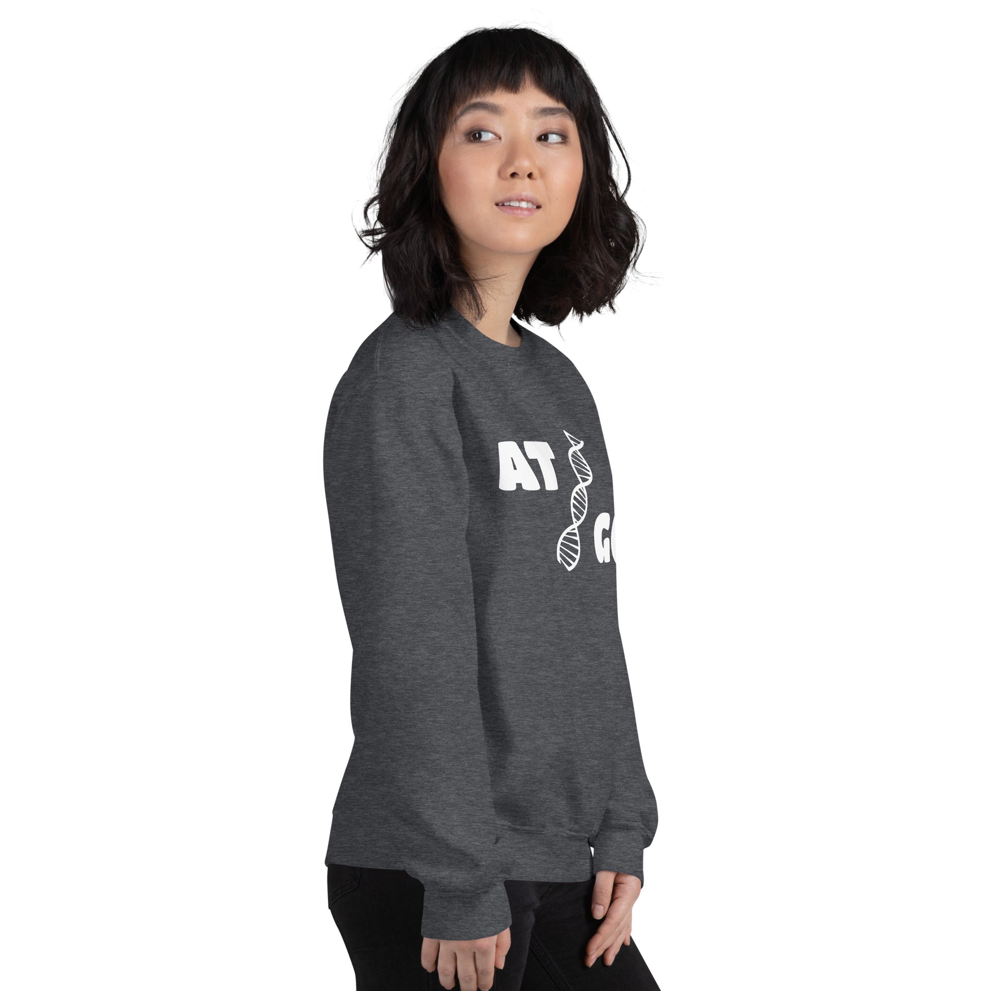 Women with dark grey sweatshirt with image of a DNA string and the text "ATGC"