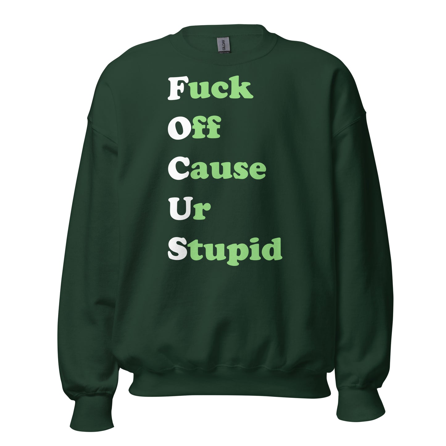 Green Sweatshirt with on front of it "Fuck Off Cause Ur Stupid"