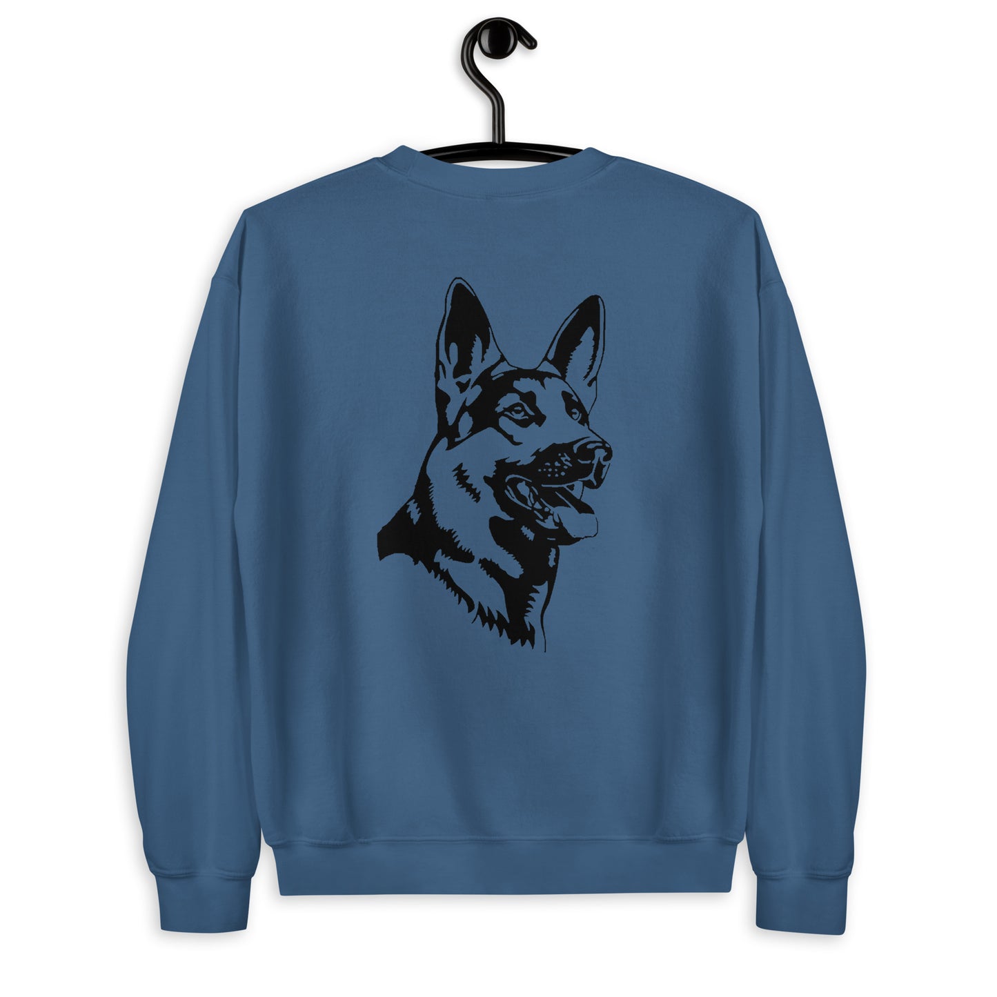 Indigo blue sweatshirt with German shepherd