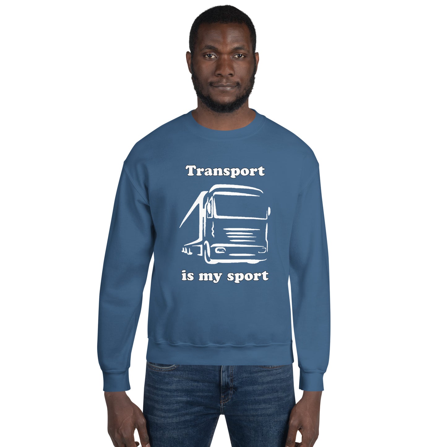 Man with indigo blue sweatshirt with picture of truck and text "Transport is my sport"
