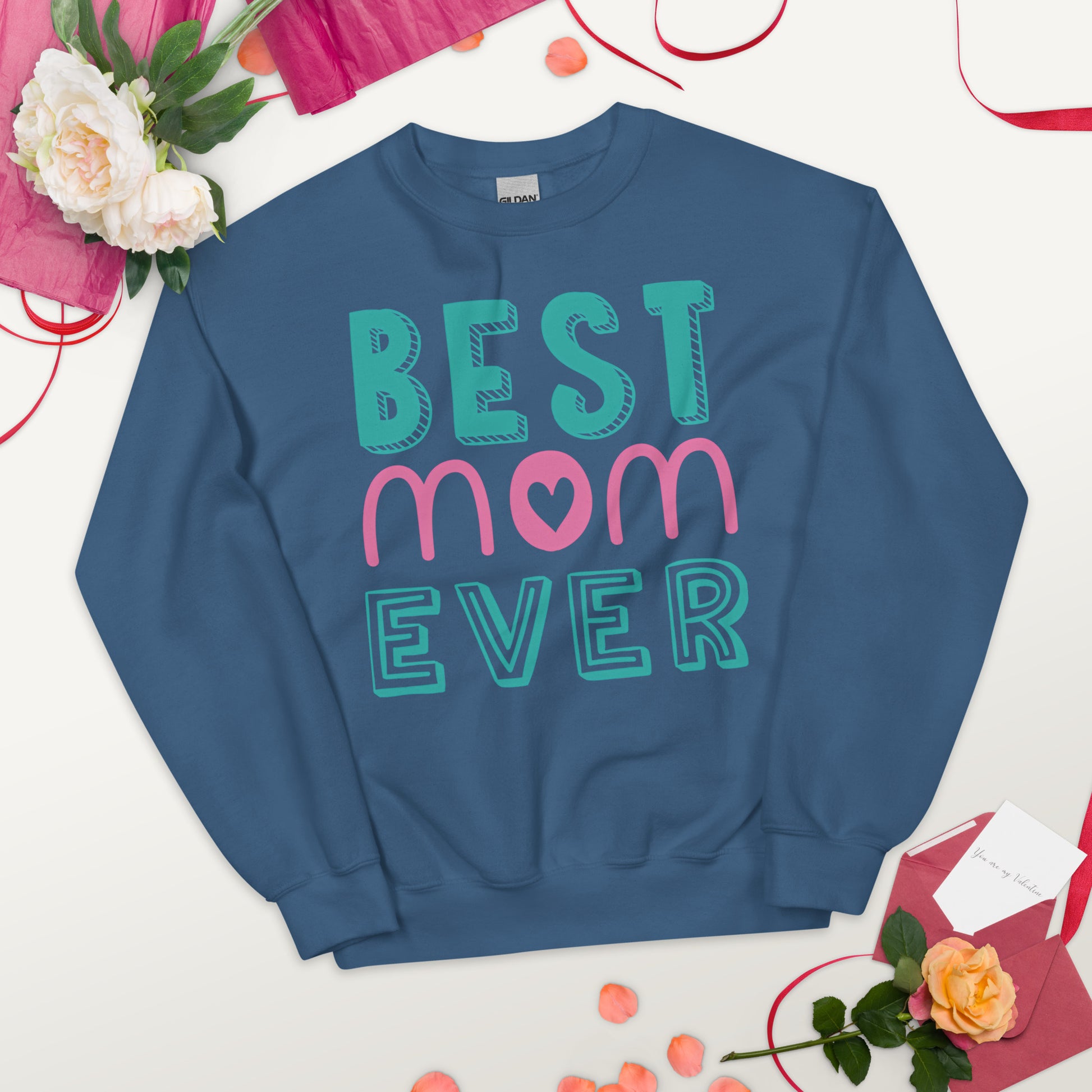 indigo blue sweatshirt with text best MOM ever 