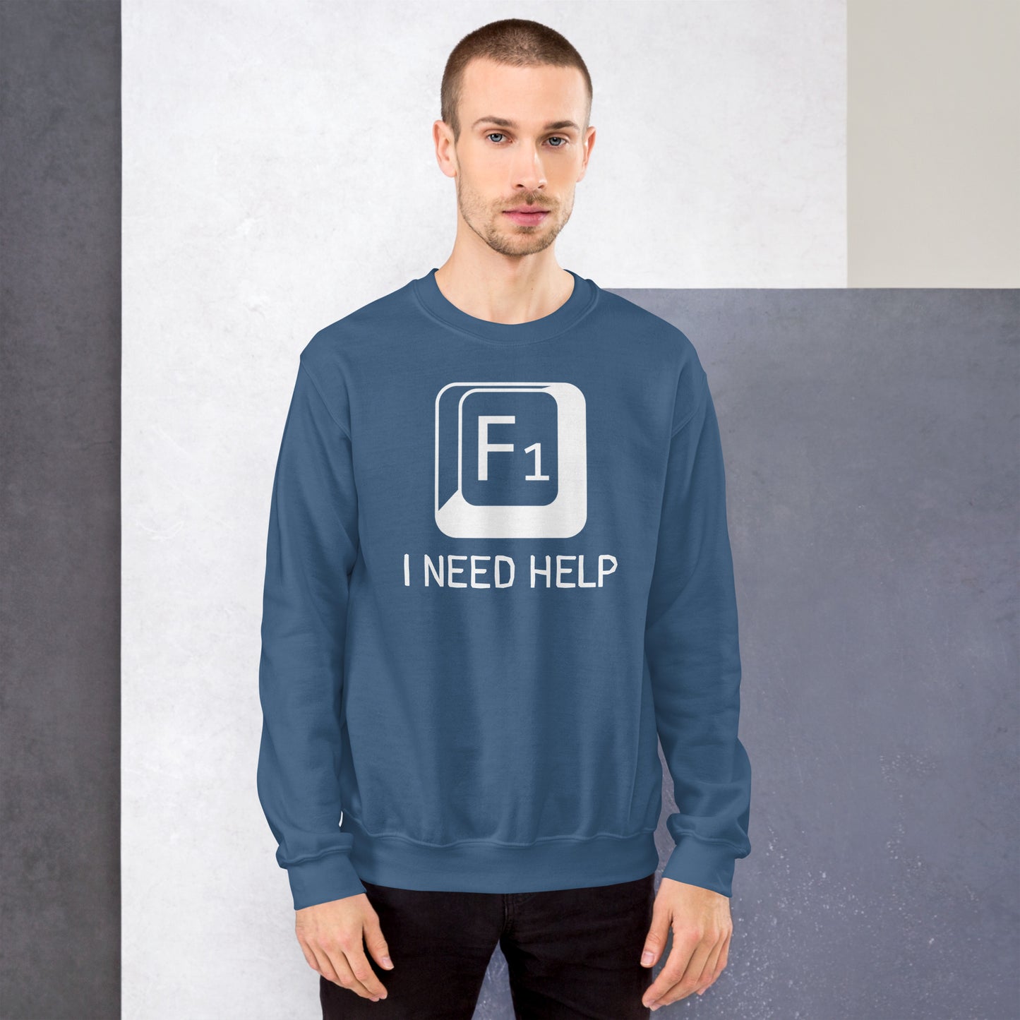 Men with indigo blue sweatshirt and a picture of F1 key with text "I need help"
