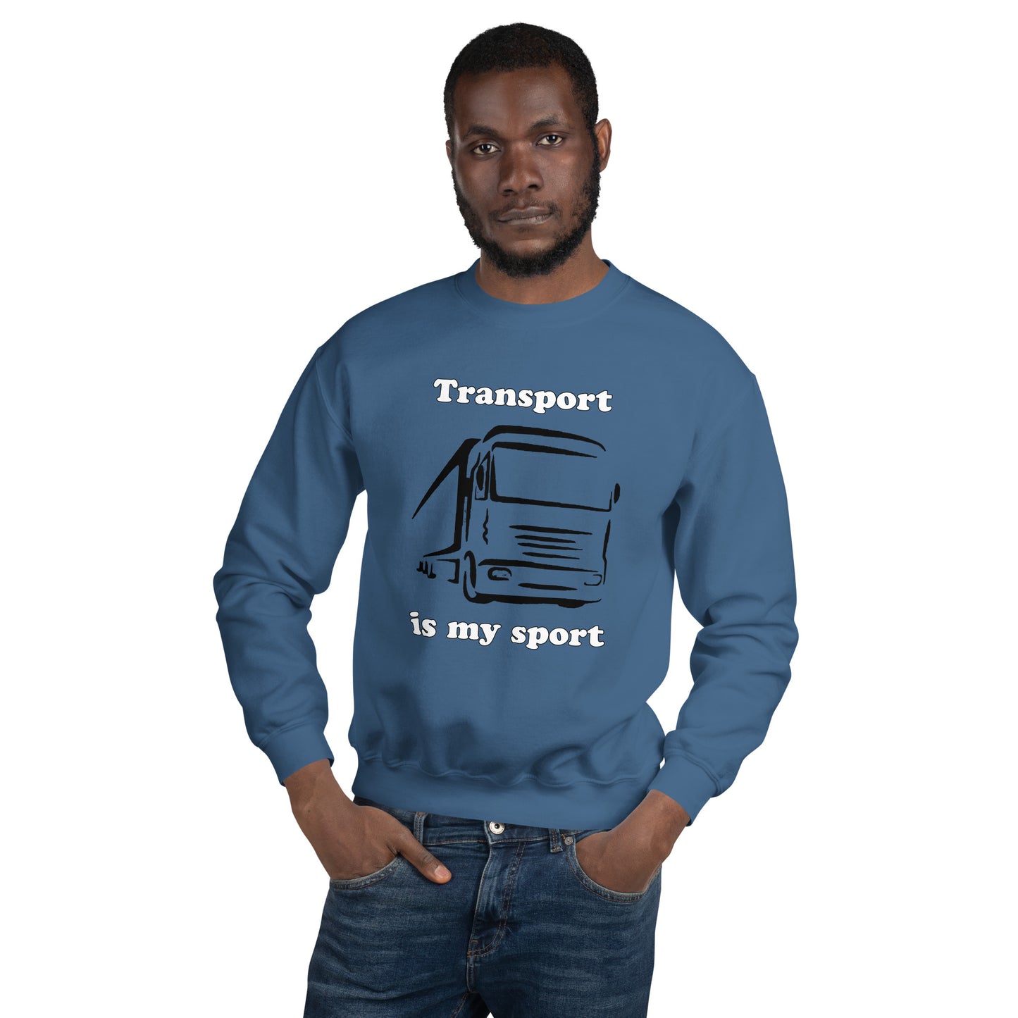 Man with indigo blue sweatshirt with picture of truck and text "Transport is my sport"