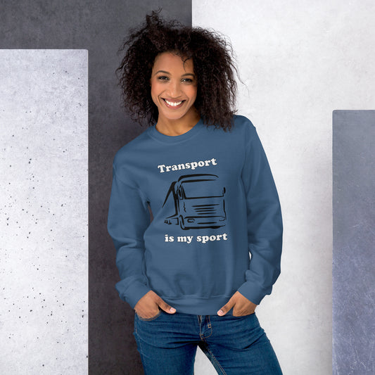 Woman with indigo blue sweatshirt with picture of truck and text "Transport is my sport"