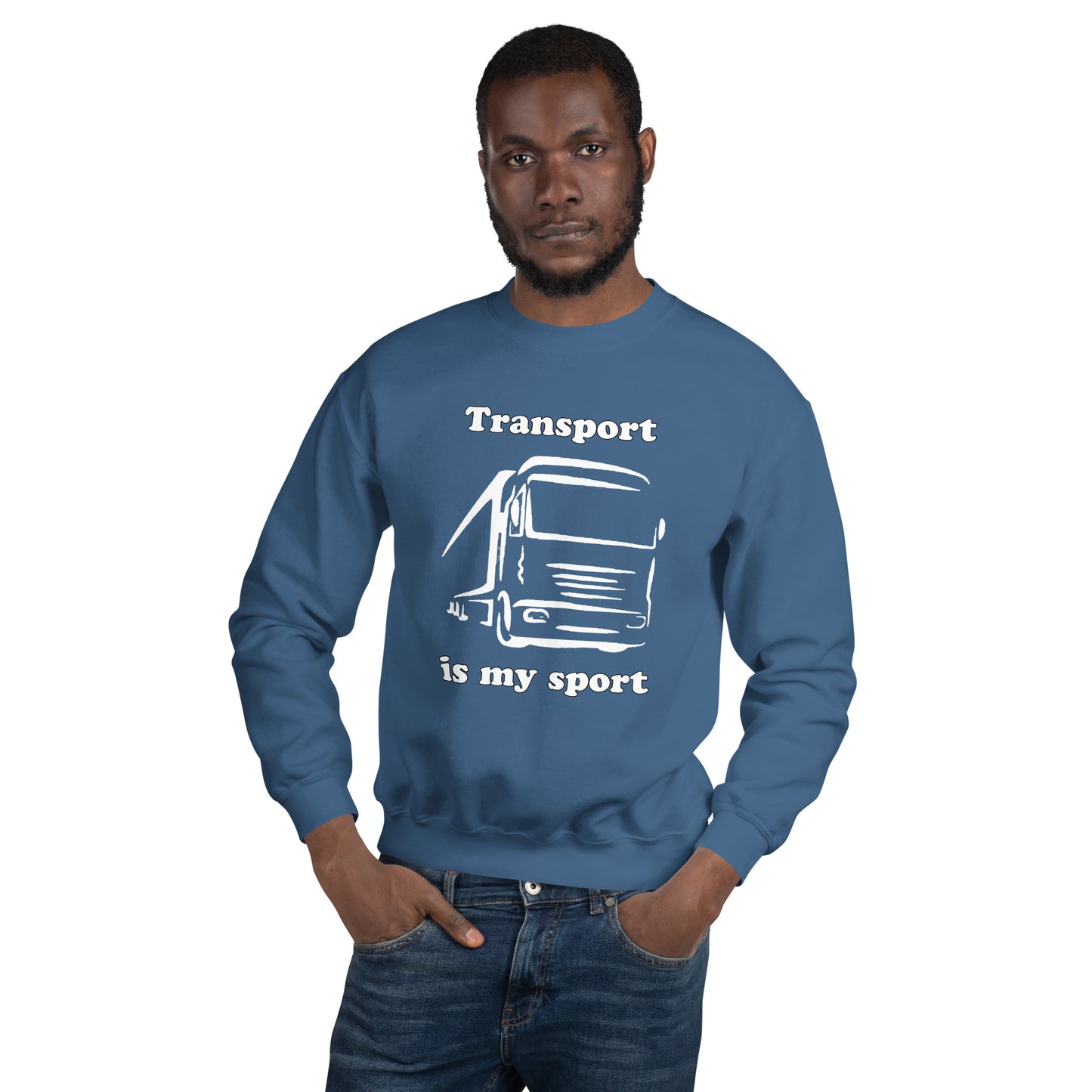 Man with indigo blue sweatshirt with picture of truck and text "Transport is my sport"