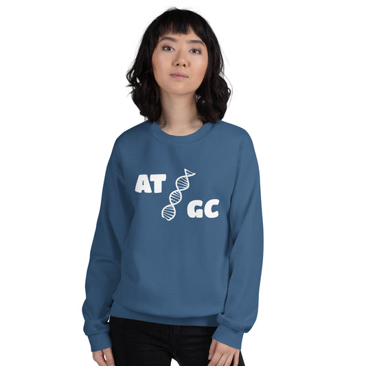 Women with indigo blue sweatshirt with image of a DNA string and the text "ATGC"