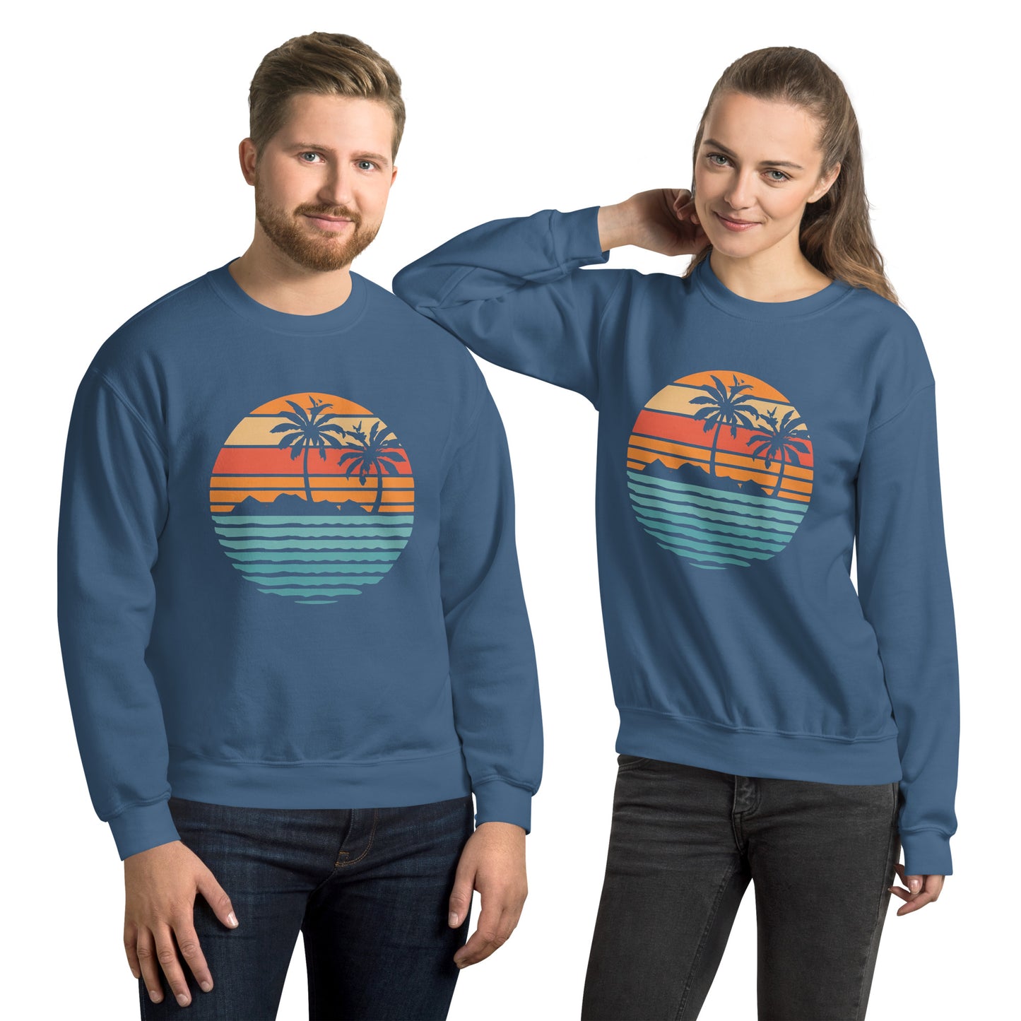 Men and women with indigo blue sweatshirt and a print of retro island