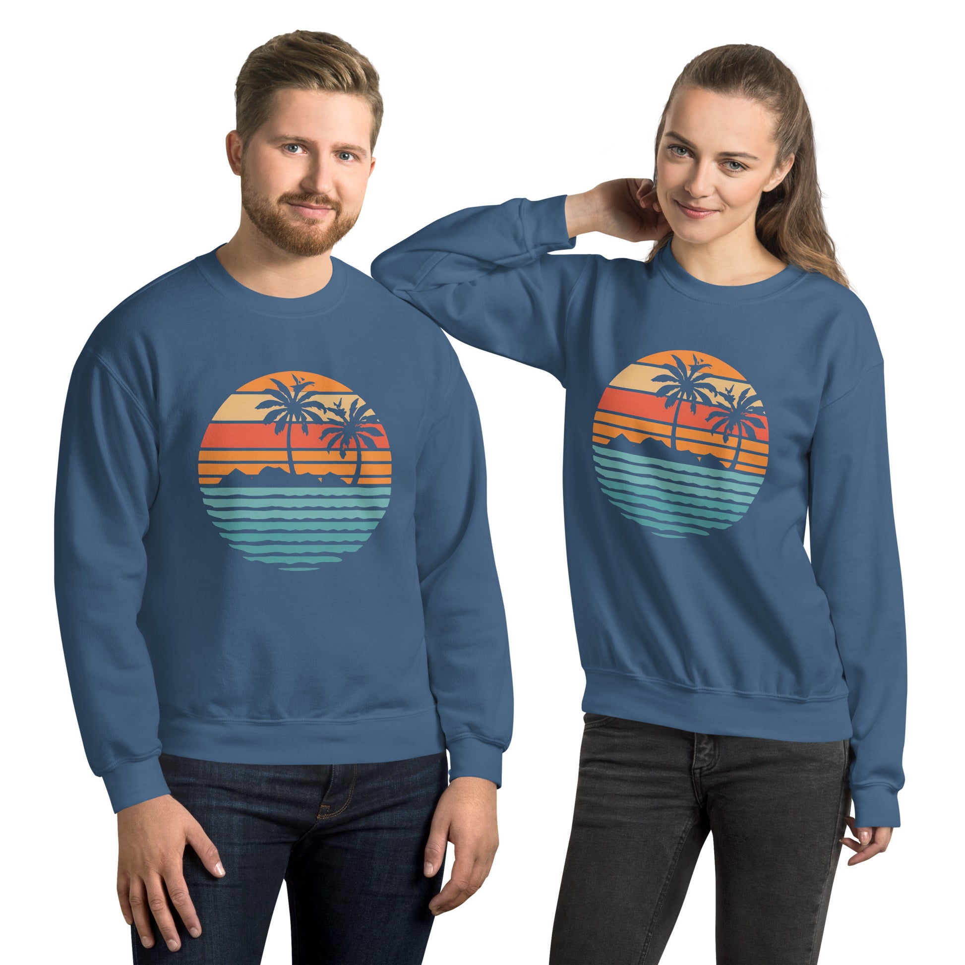 Men and women with indigo blue sweatshirt and a print of retro island