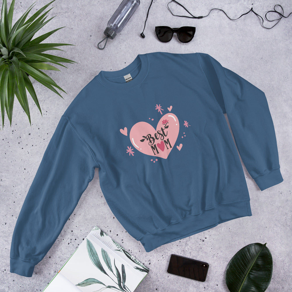 indigo blue sweatshirt with hart and text best MOM