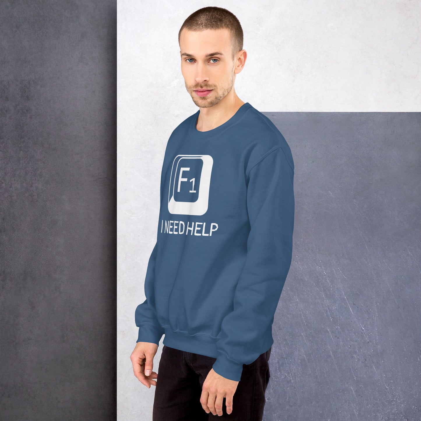 Men with indigo blue sweatshirt and a picture of F1 key with text "I need help"