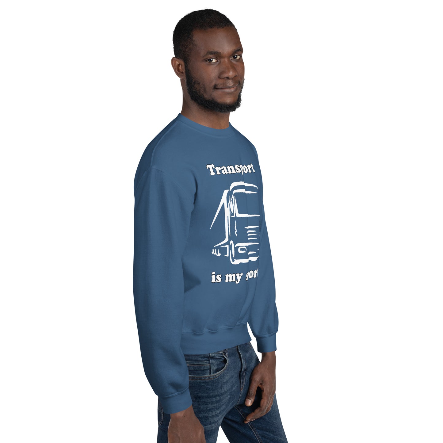 Man with indigo blue sweatshirt with picture of truck and text "Transport is my sport"