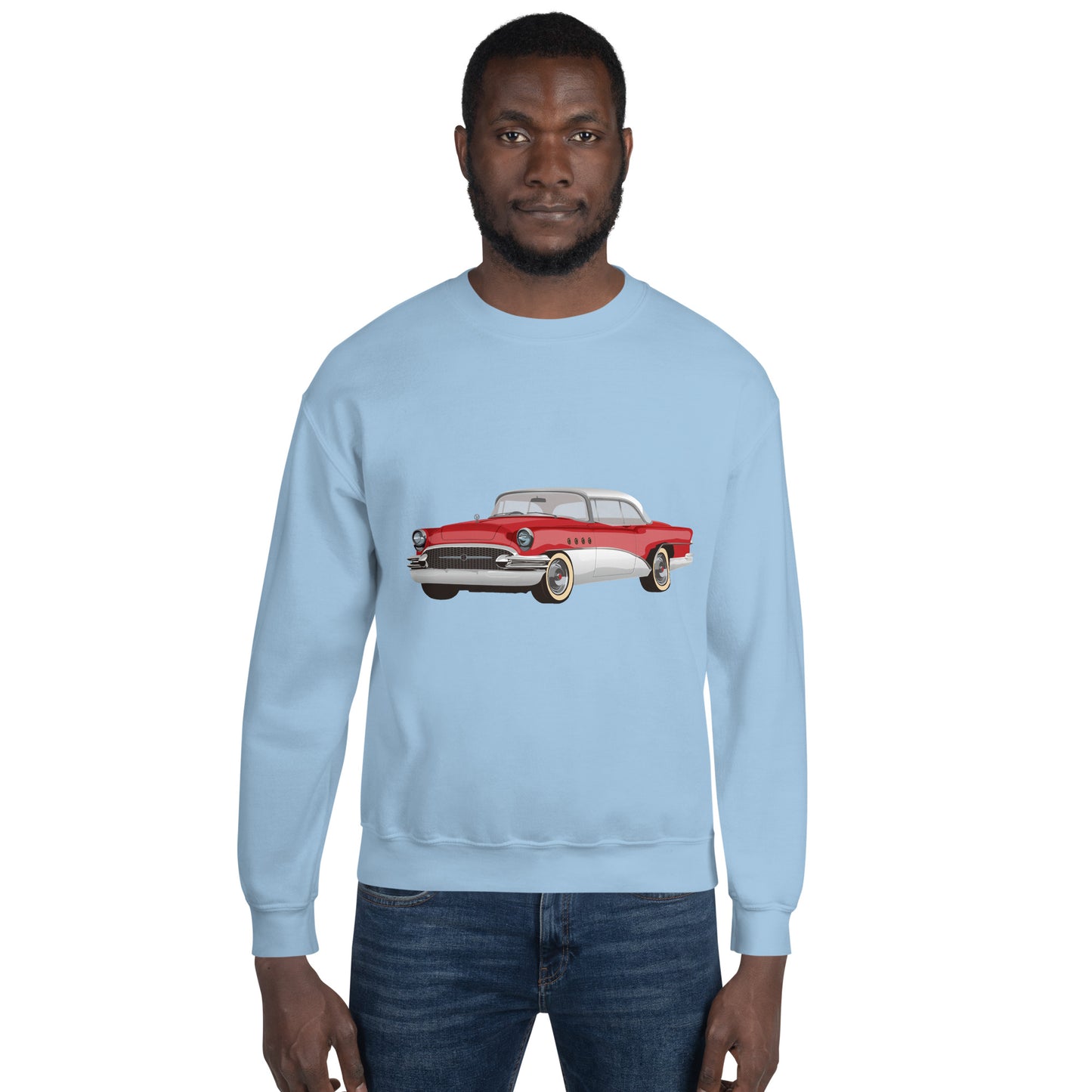 Man with light blue sweatshirt with red chevrolet