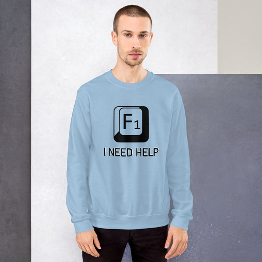 Men with light blue sweatshirt and a picture of F1 key with text "I need help"