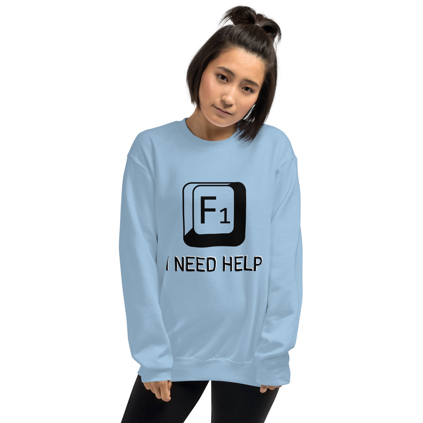 Women with light blue sweatshirt and a picture of F1 key with text "I need help"