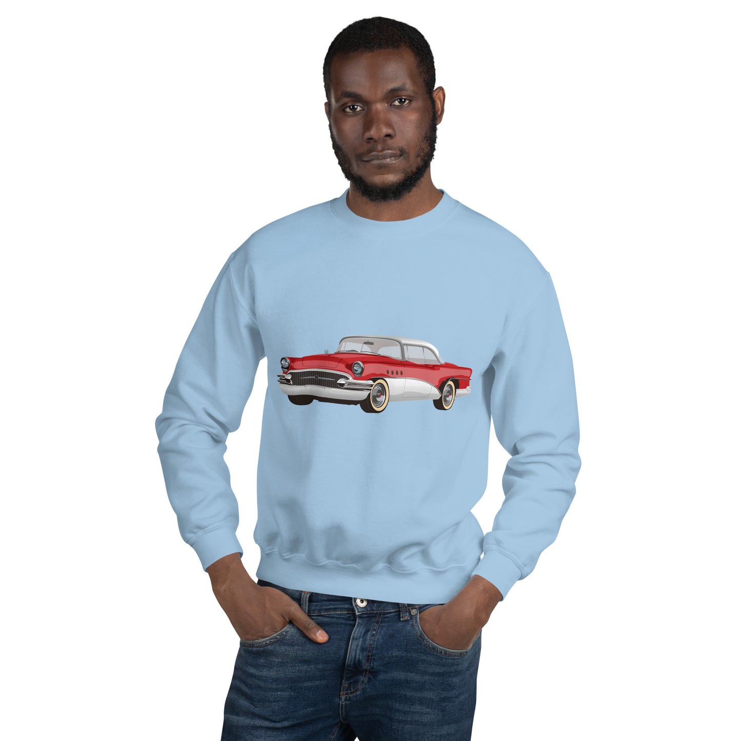 Man with light blue sweatshirt with red chevrolet