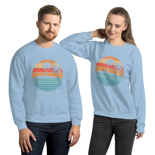 Men and women with light blue sweatshirt and a print of retro island