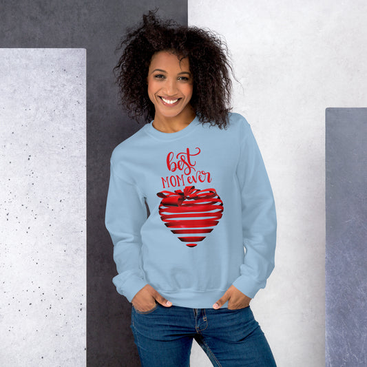 Women with light blue sweater with red text best MOM Ever and red heart