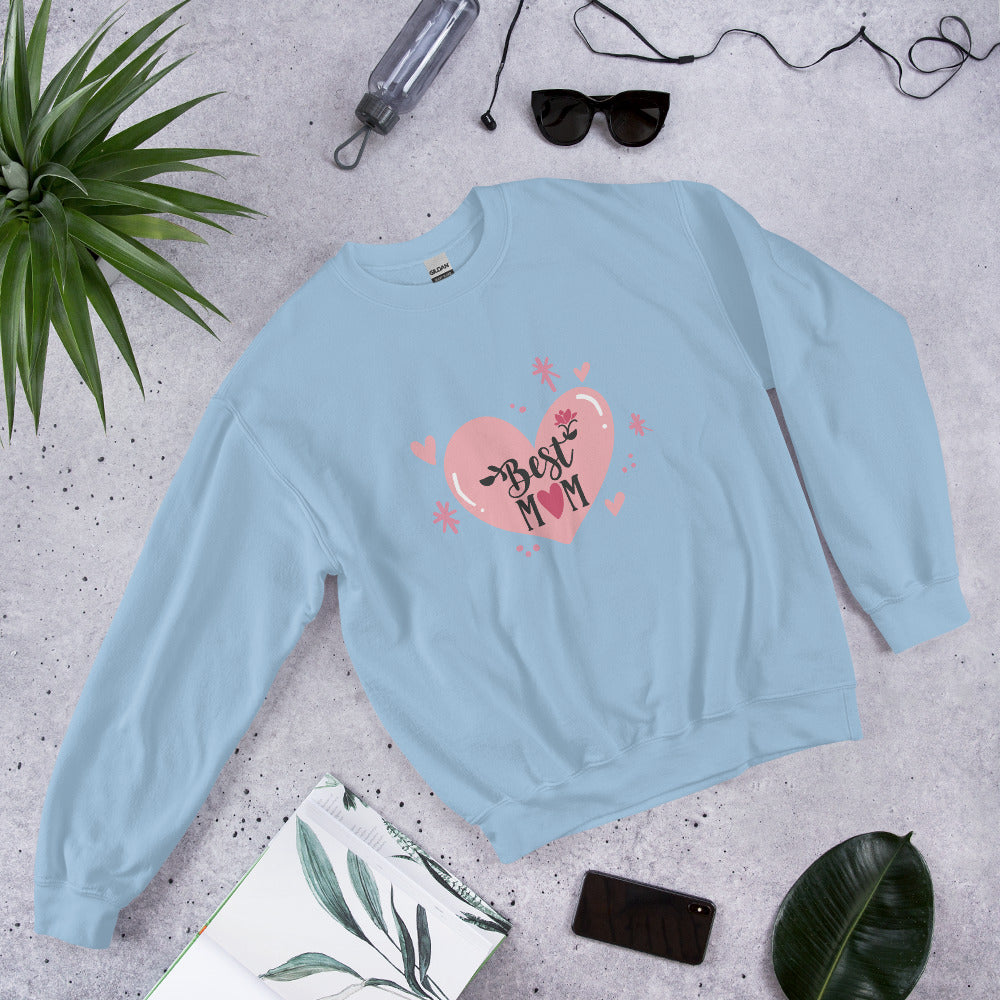 light blue sweatshirt with hart and text best MOM