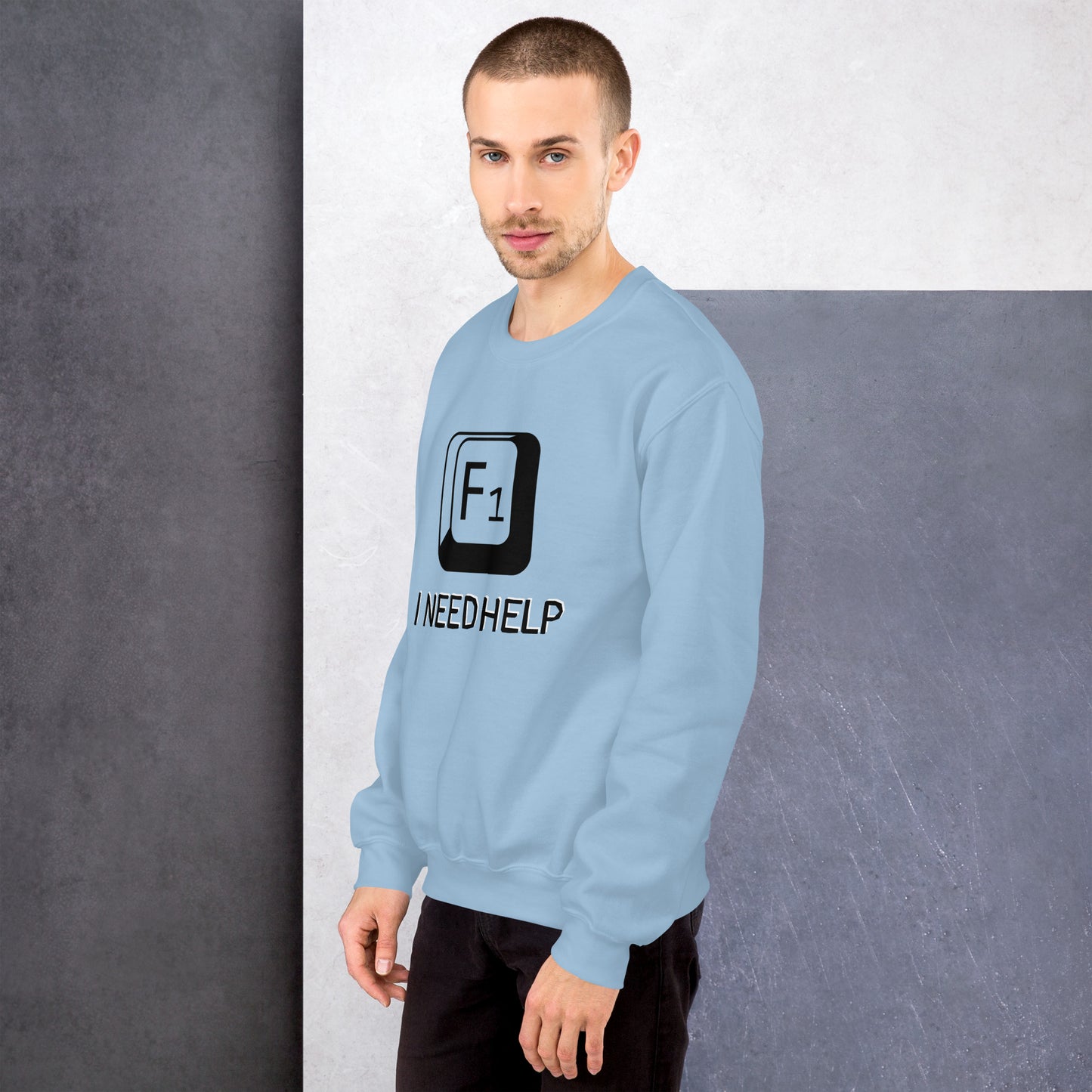 Men with light blue sweatshirt and a picture of F1 key with text "I need help"