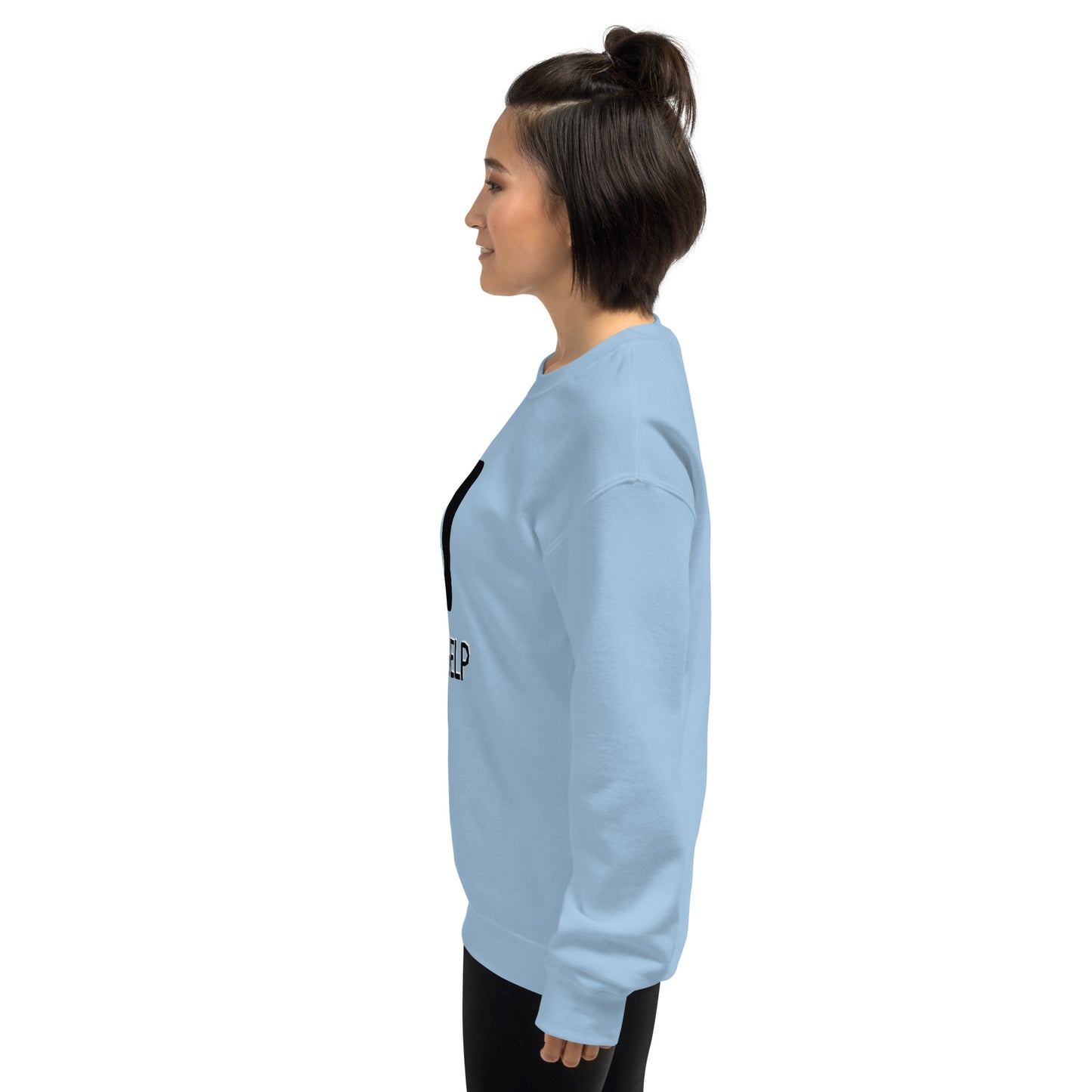 Women with light blue sweatshirt and a picture of F1 key with text "I need help"