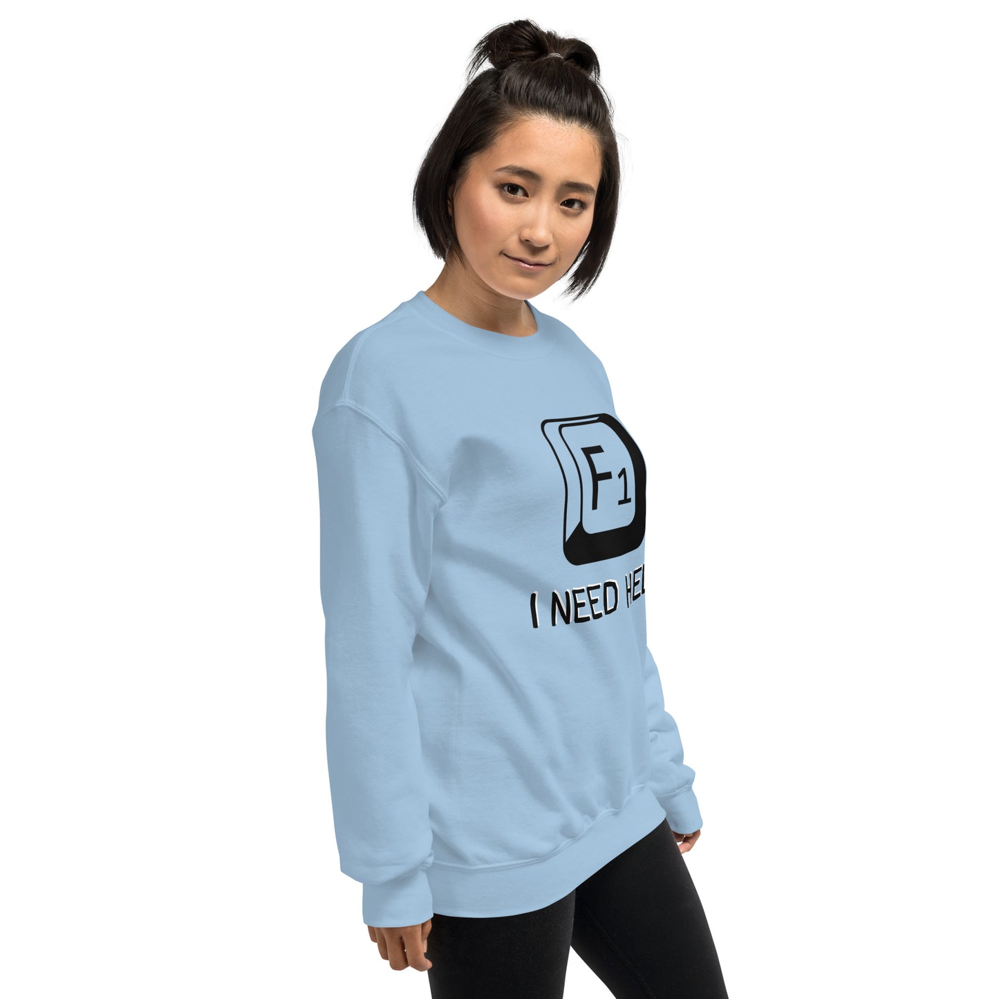 Women with light blue sweatshirt and a picture of F1 key with text "I need help"