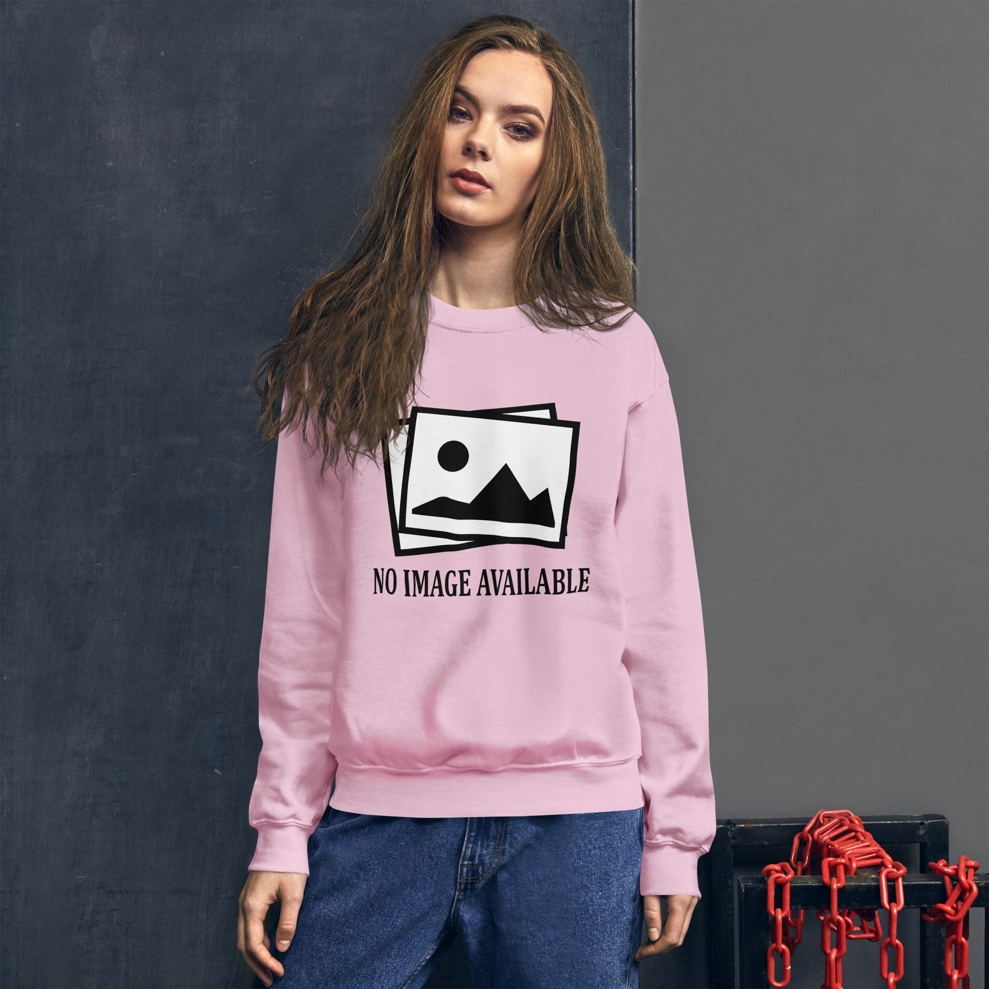 Women with pink sweatshirt with image and text "no image available"