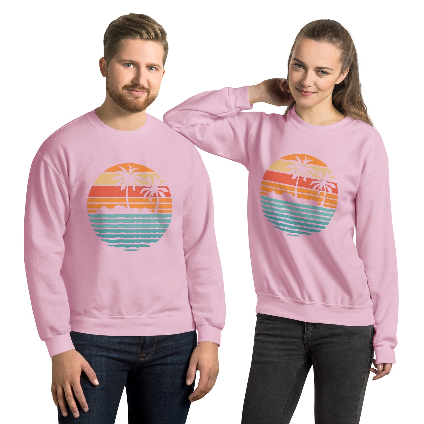 Men and women with pink sweatshirt and a print of retro island