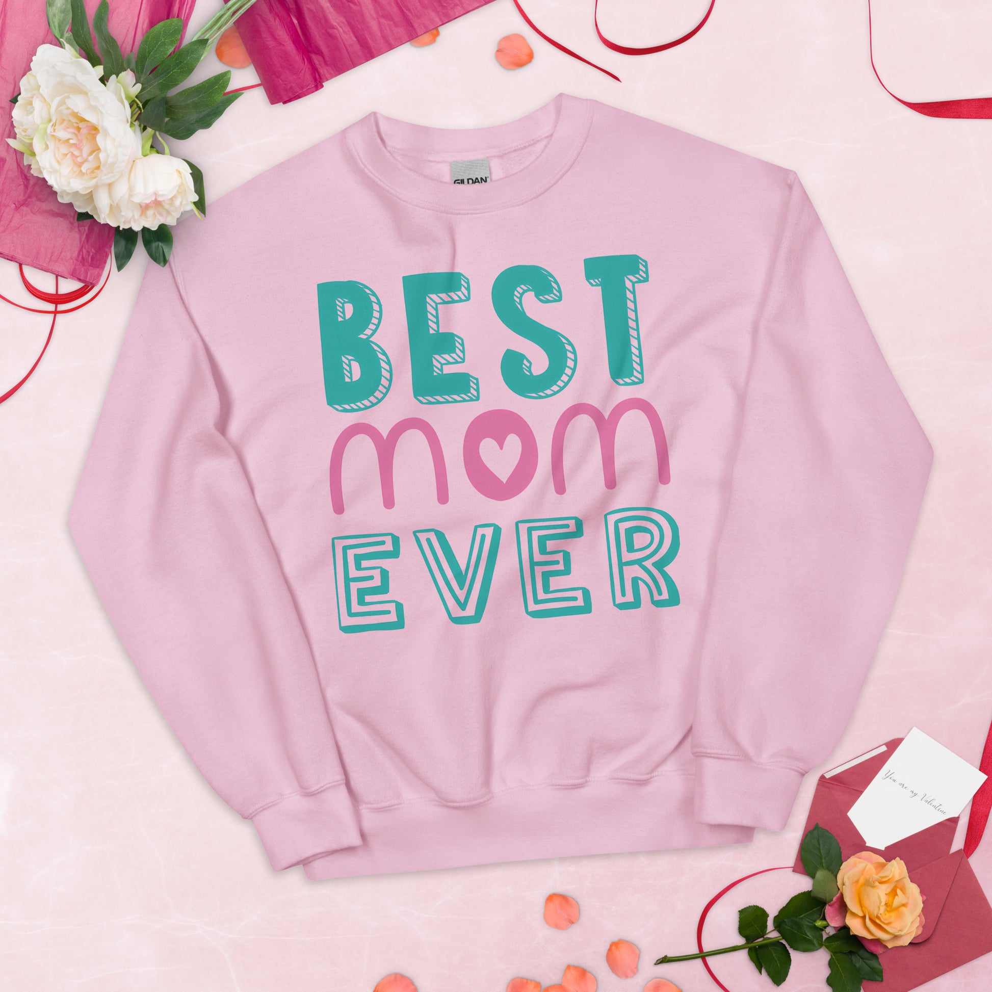 pink sweatshirt with text best MOM ever 