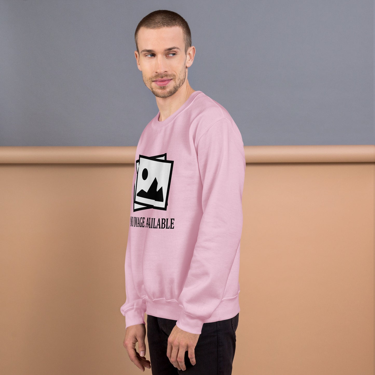 Men with pink sweatshirt with image and text "no image available"