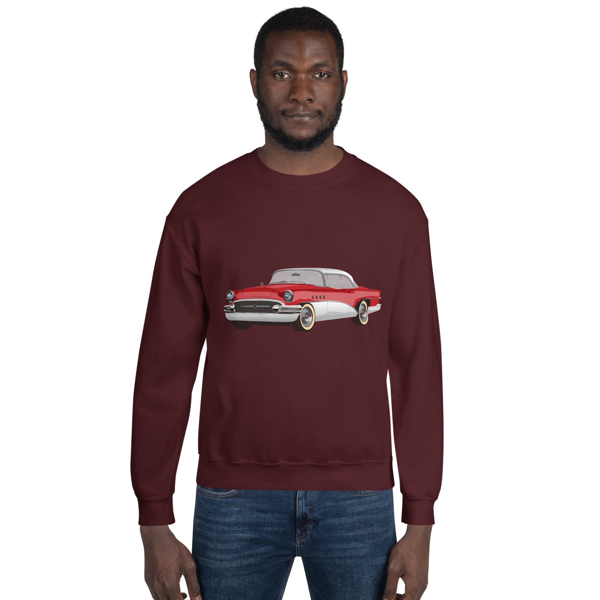 Man with maroon sweatshirt with red chevrolet