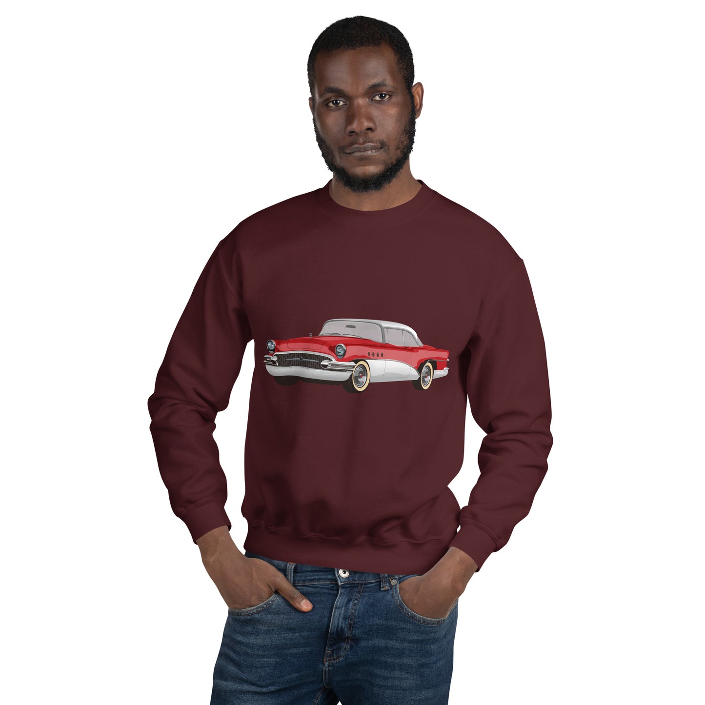 Man with maroon sweatshirt with red chevrolet