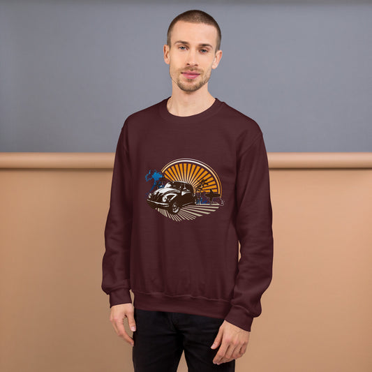 Men with maroon sweatshirt with sunset and beetle car