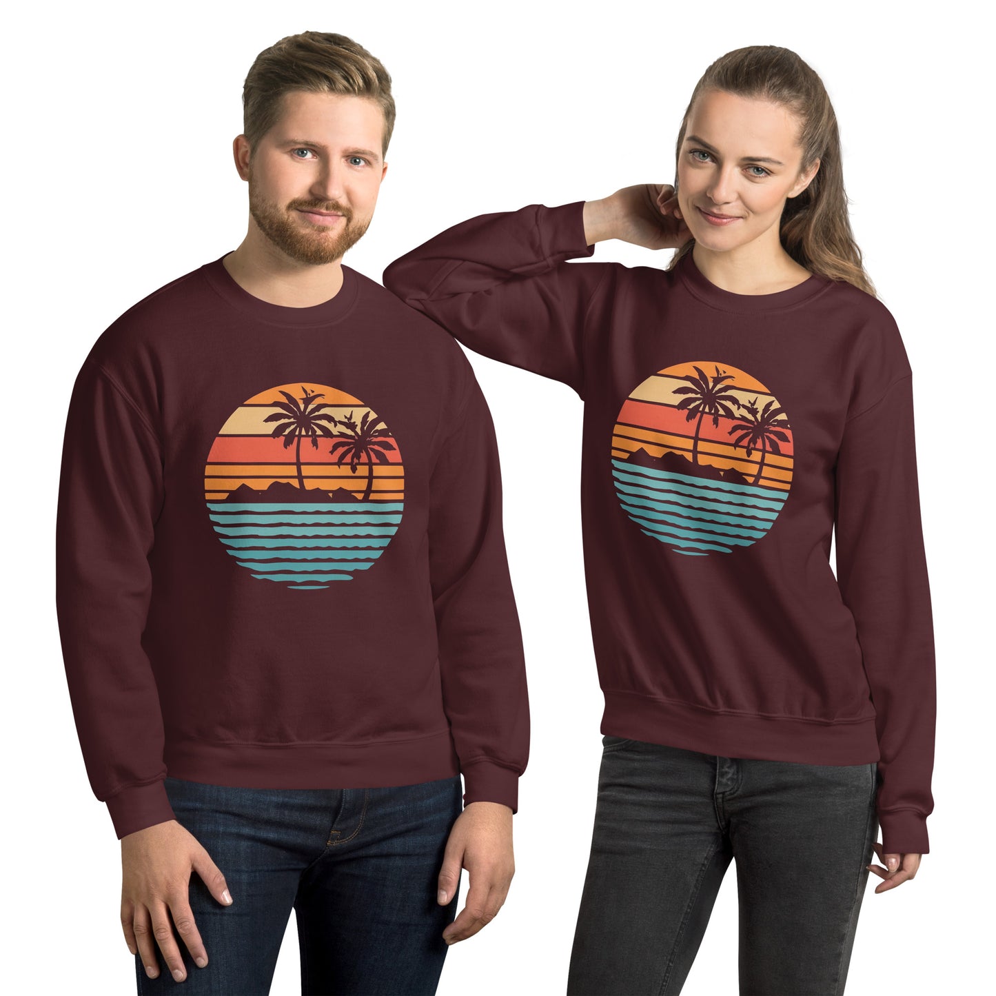 Men and women with maroon sweatshirt and a print of retro island