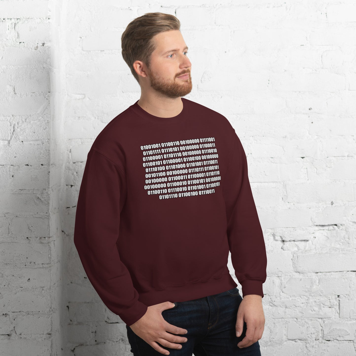 Men with maroon sweatshirt with binaire text "If you can read this"