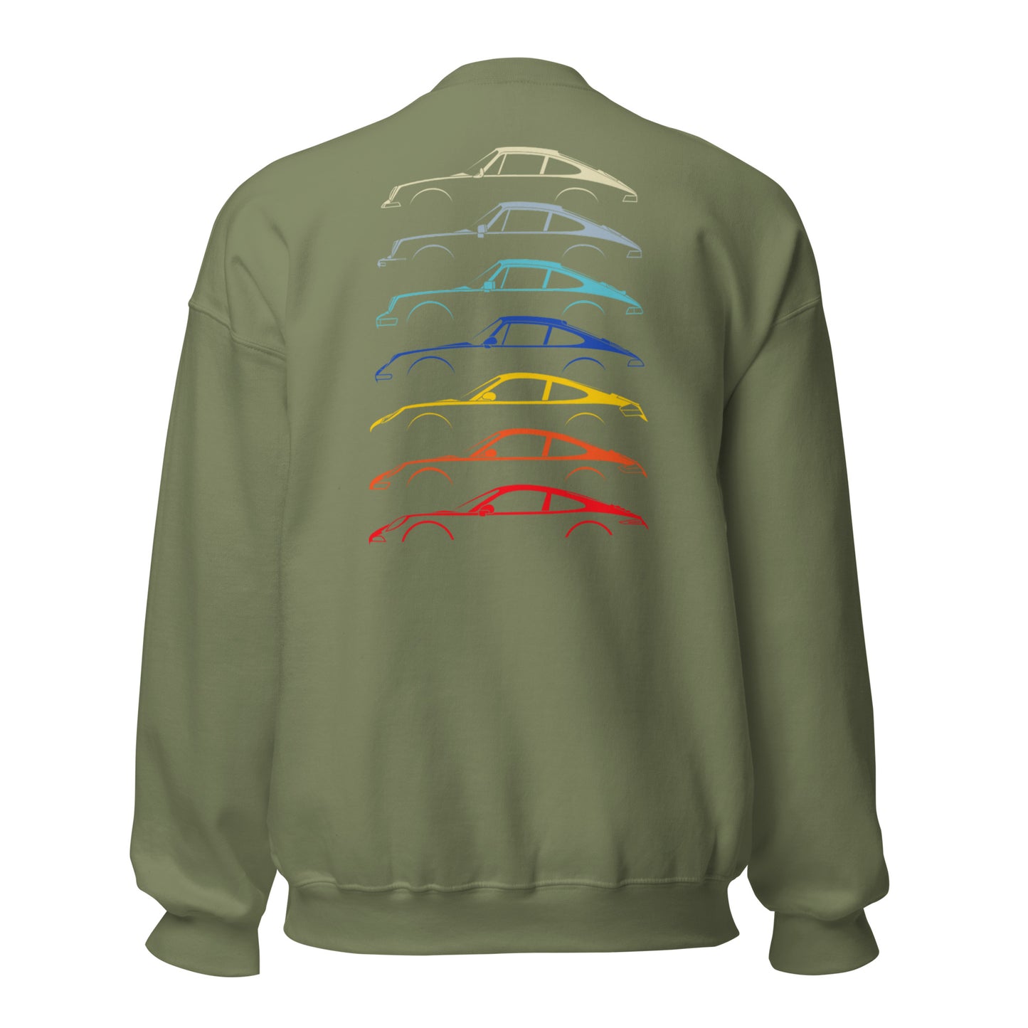 Military green sweatshirt with car silouttes on the back