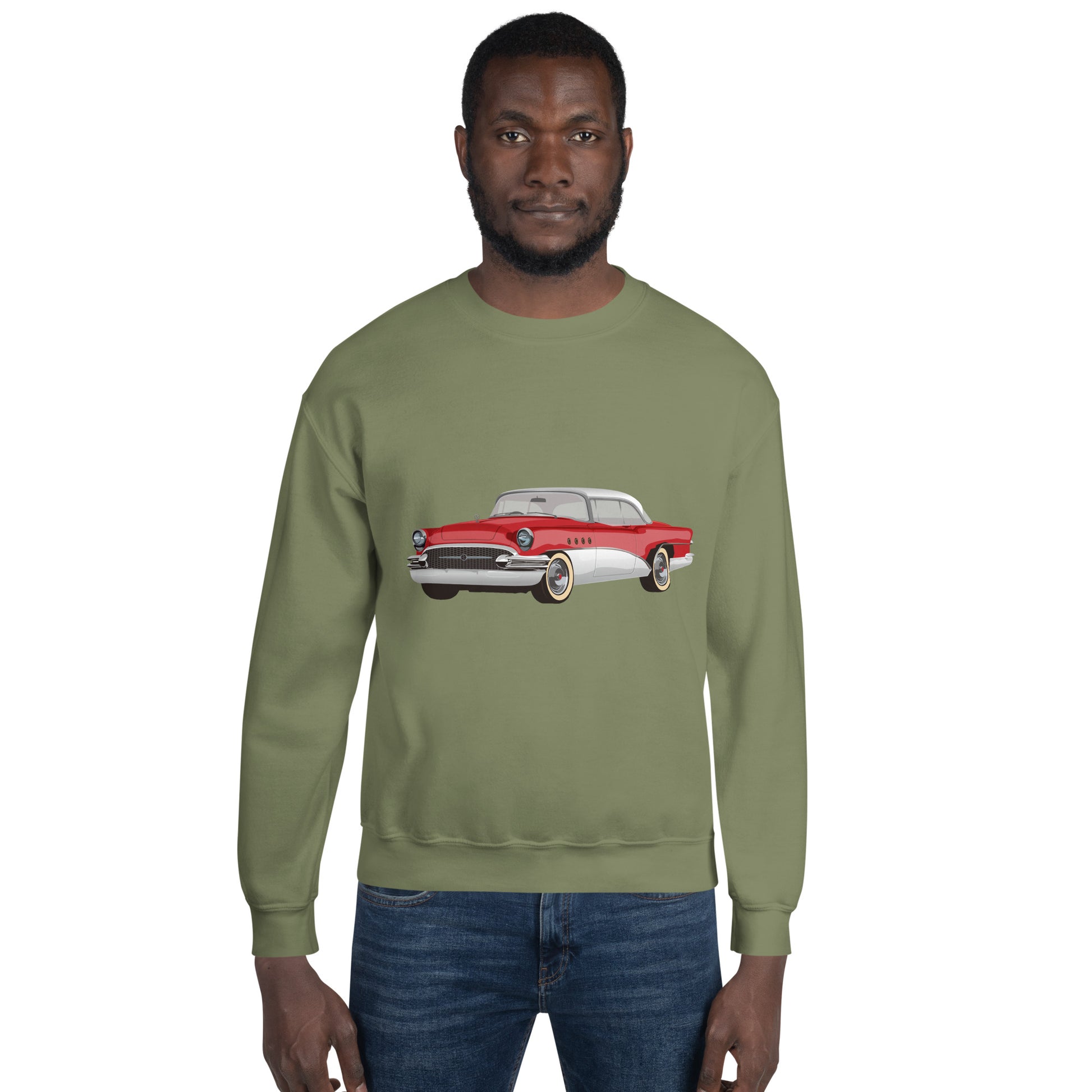 Man with military green sweatshirt with red chevrolet