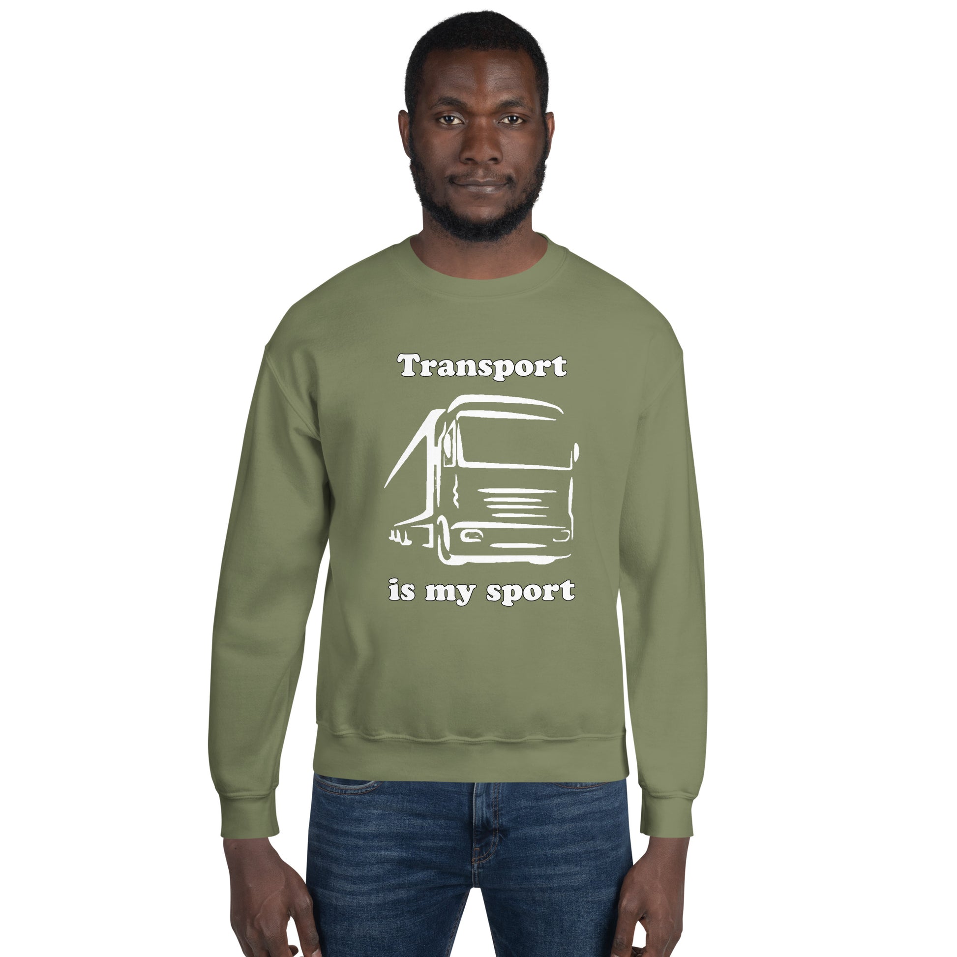 Man with military green sweatshirt with picture of truck and text "Transport is my sport"