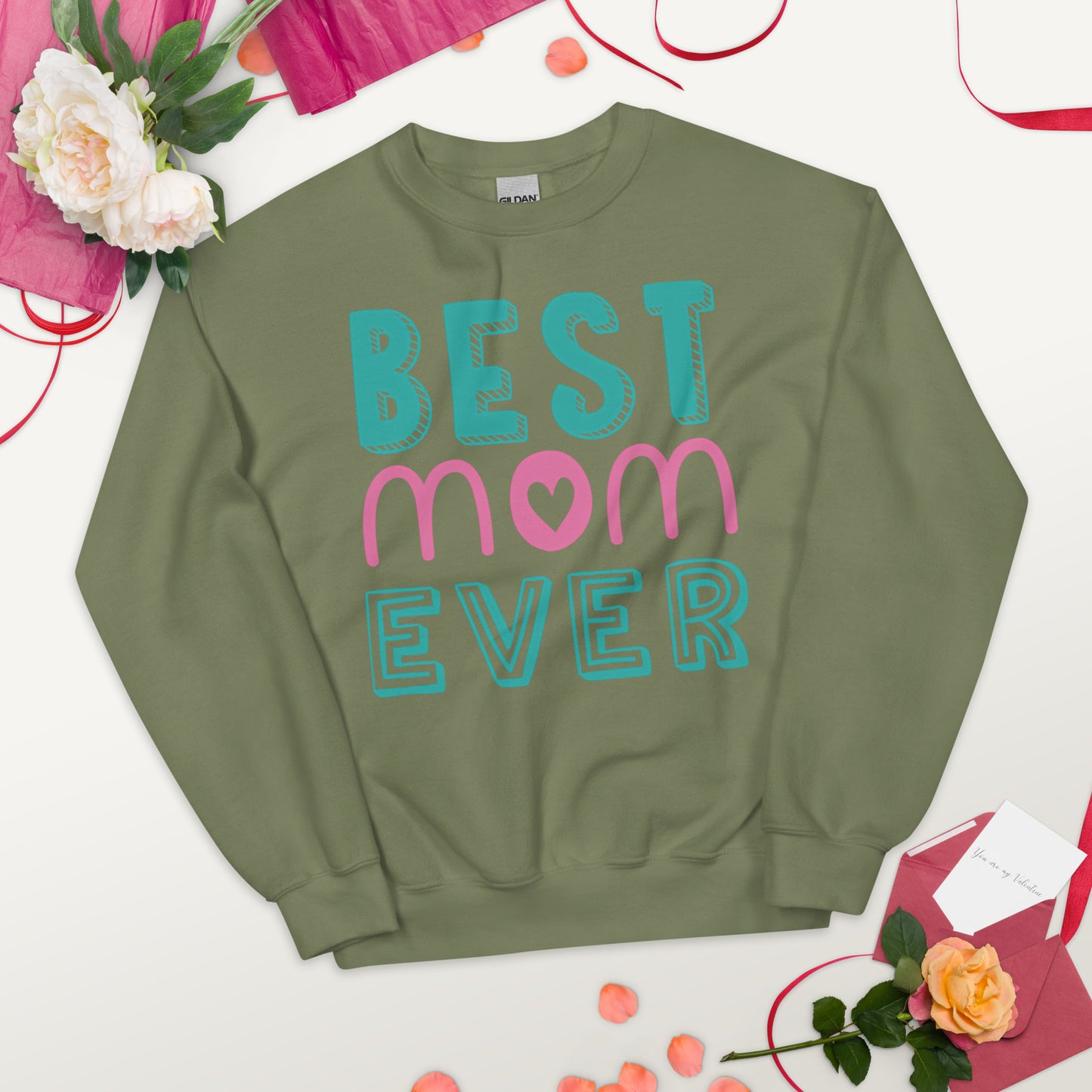 military green sweatshirt with text best MOM ever 