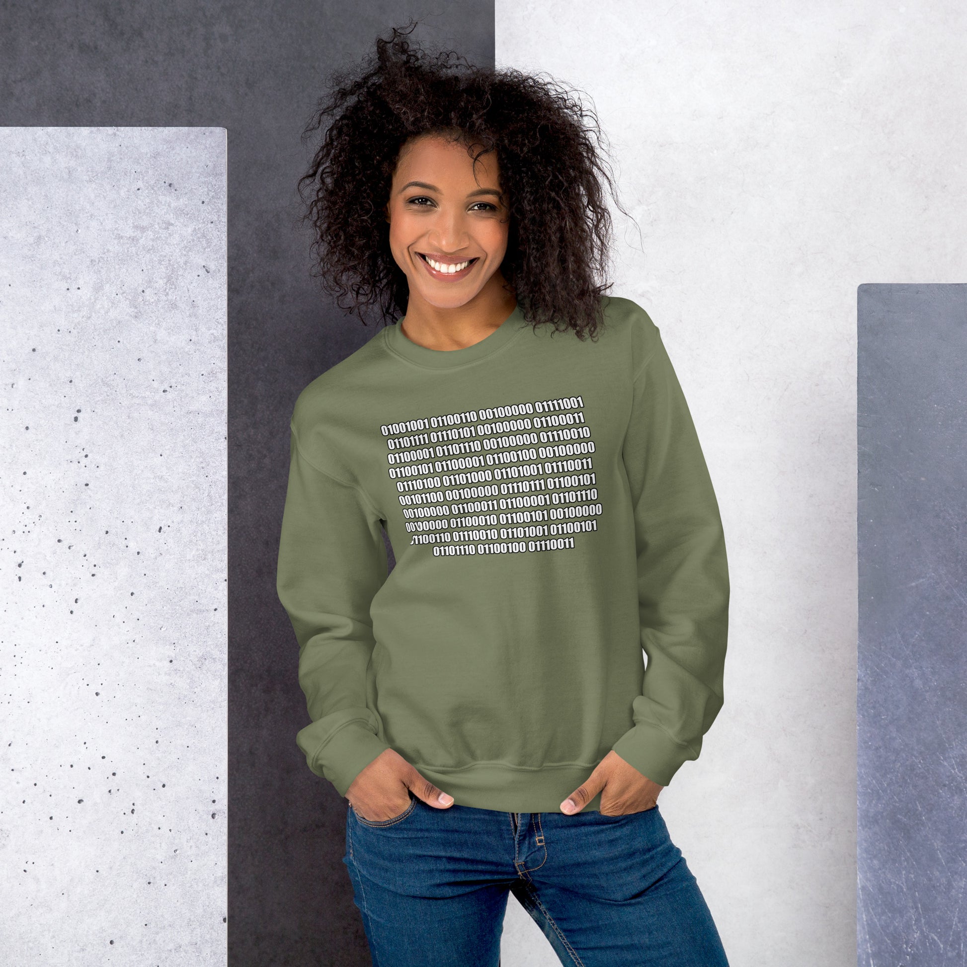 Women with military green sweatshirt with binaire text "If you can read this"